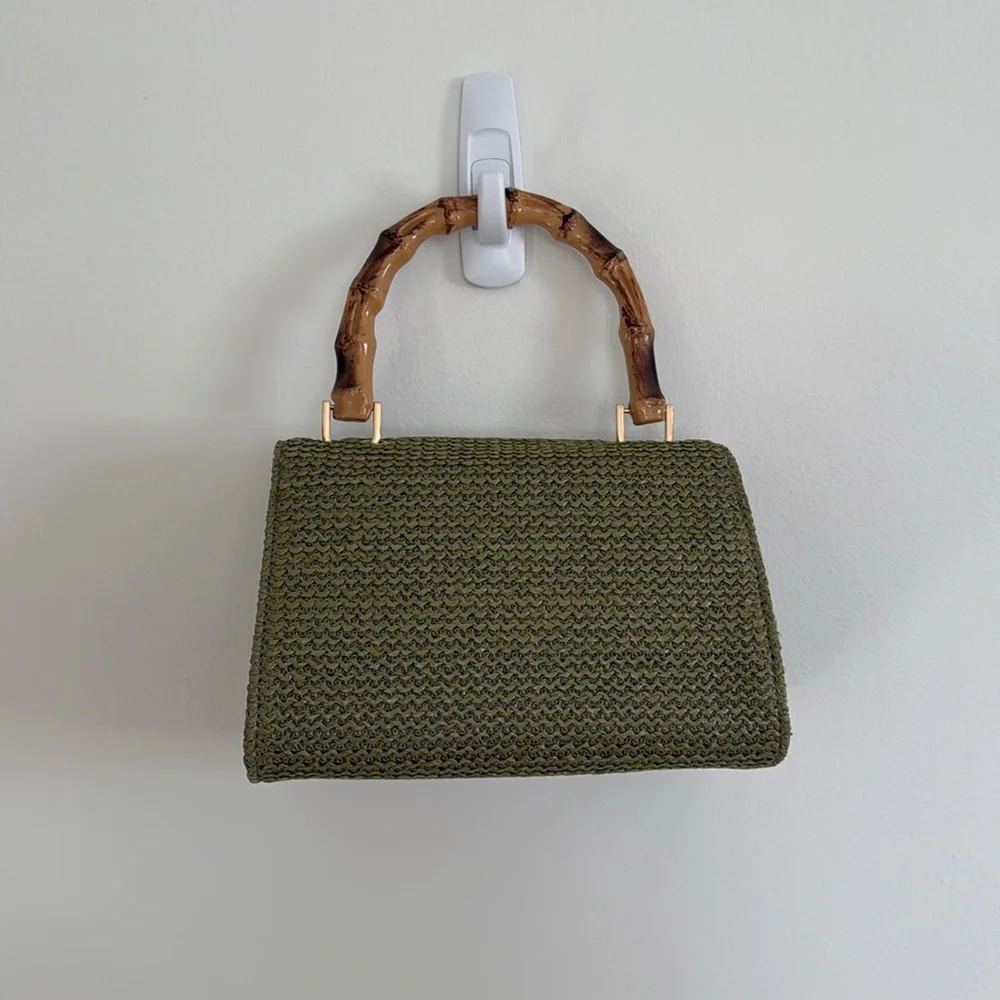 Green Woven Top-Handle Clutch with Bamboo Handle - Picture 2 of 3